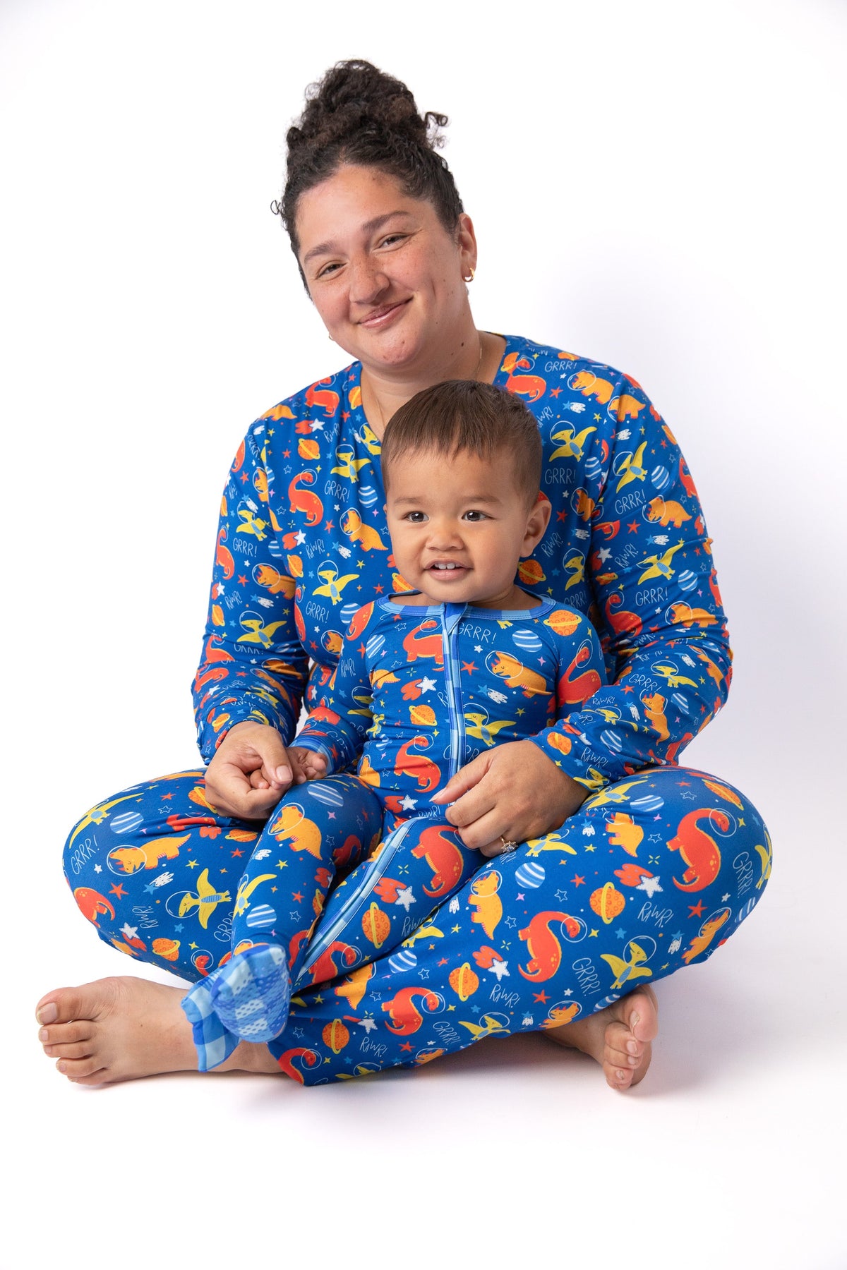 Electric Blue Space Dinosaur Bamboo Mommy & Me Pajamas