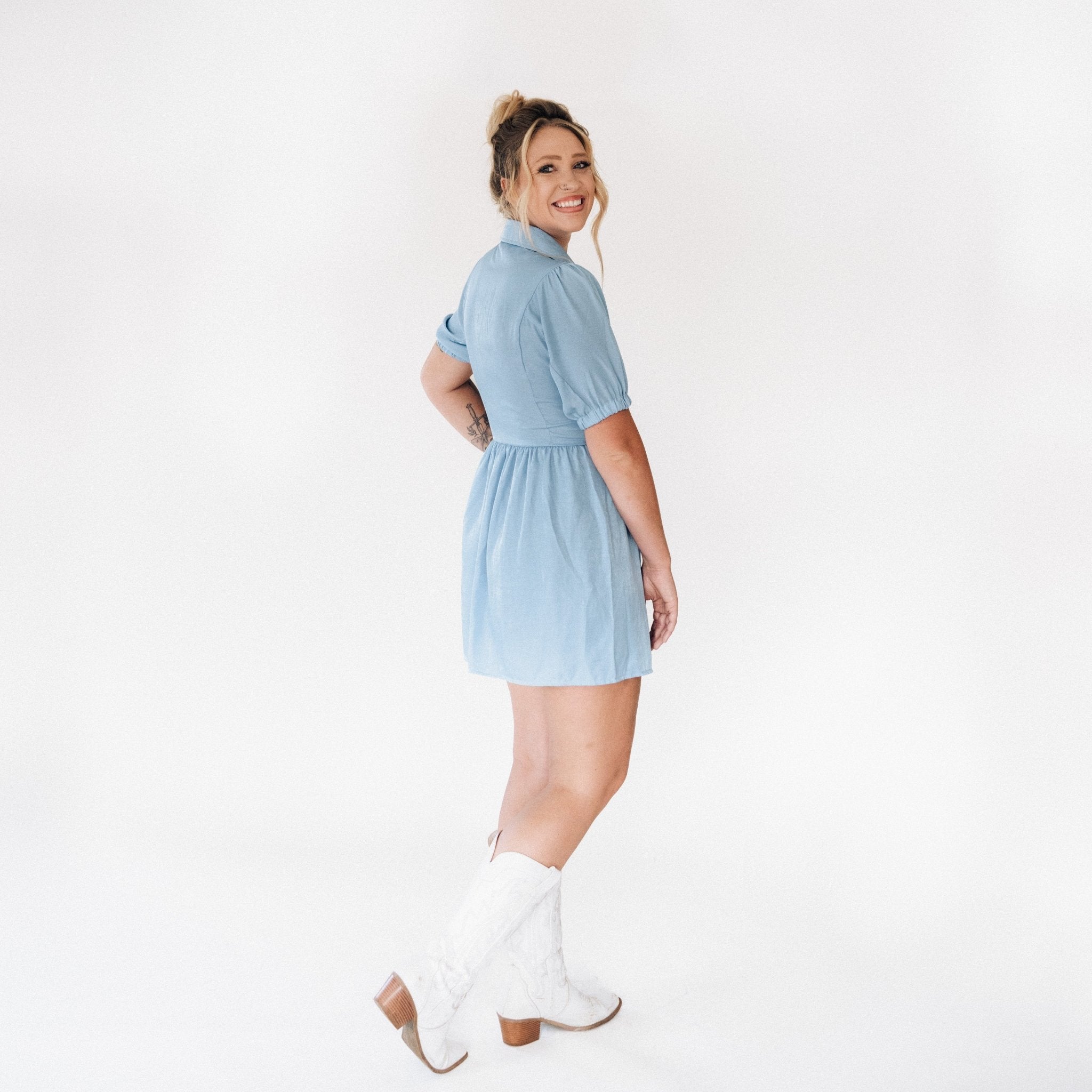 Shimmer Button Down Drop Waist Dress- Women
