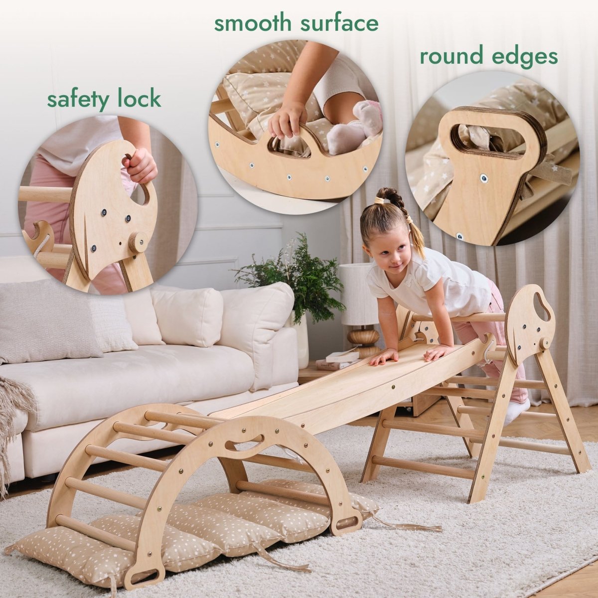 4in1 Montessori Climbing Set: Pikler Triangle, Arch, Slide Board, And Cushion For Toddlers (1–3 Years)