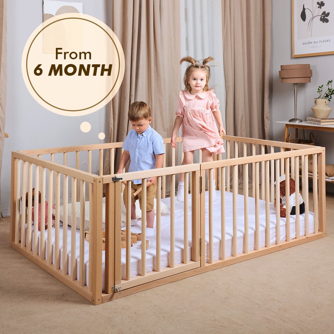 Full Montessori Floor Bed Frame For Toddlers With Fence And Wooden Slats (75*54 Inch)