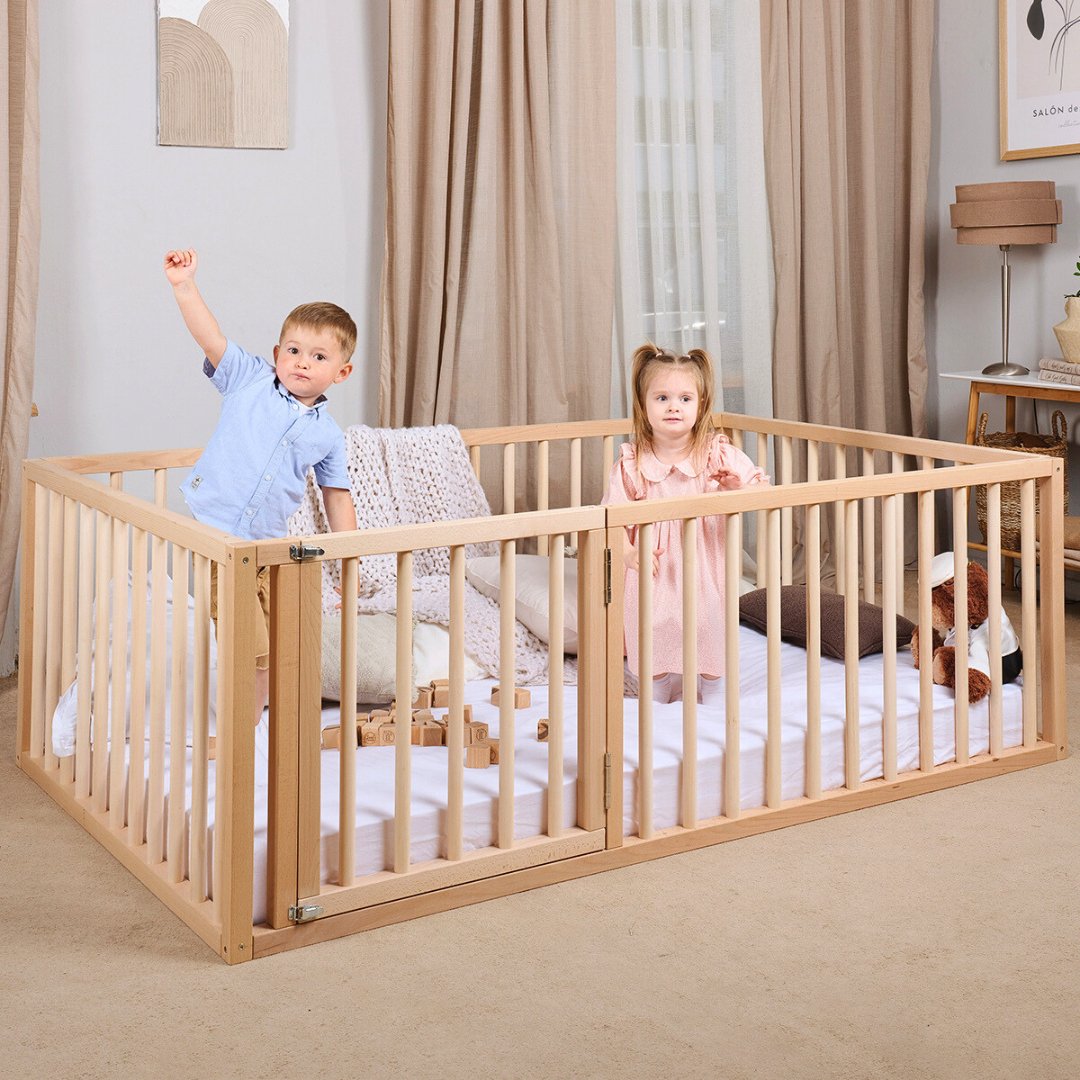 Full Montessori Floor Bed Frame For Toddlers With Fence And Wooden Slats (75*54 Inch)