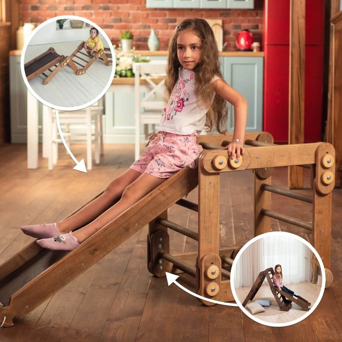 Montessori Climbing Frame Set 2in1: Snake Ladder + Slide Board/climbing Ramp - Chocolate