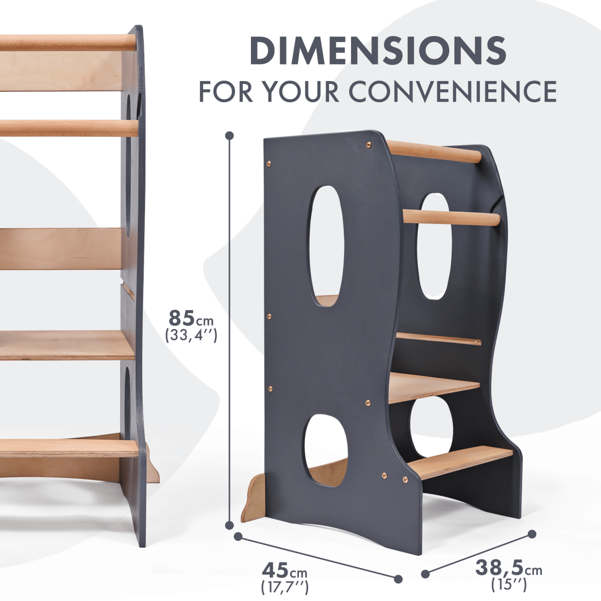Stable Montessori Learning Tower: Wooden Growing Chair - Grey