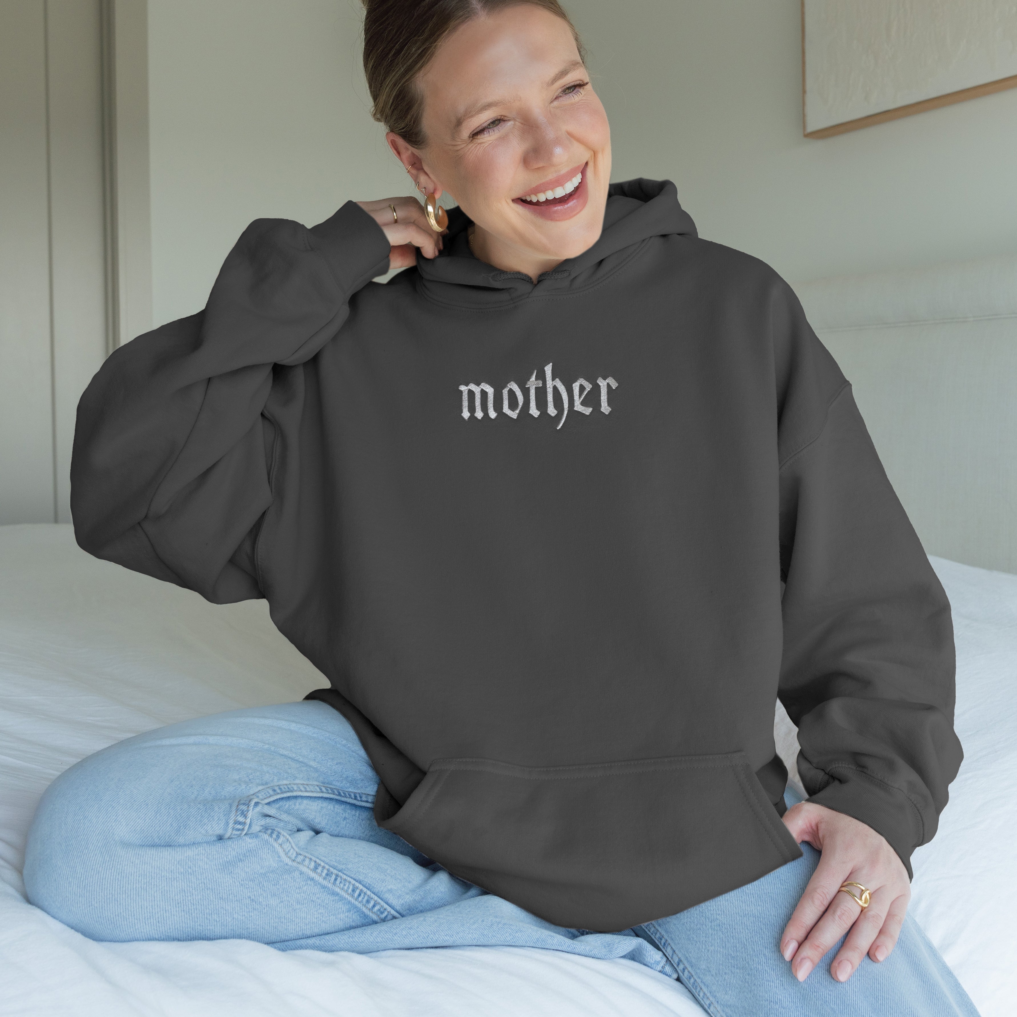 'mother' Edgy Gothic Embroidered Gray Hoodie