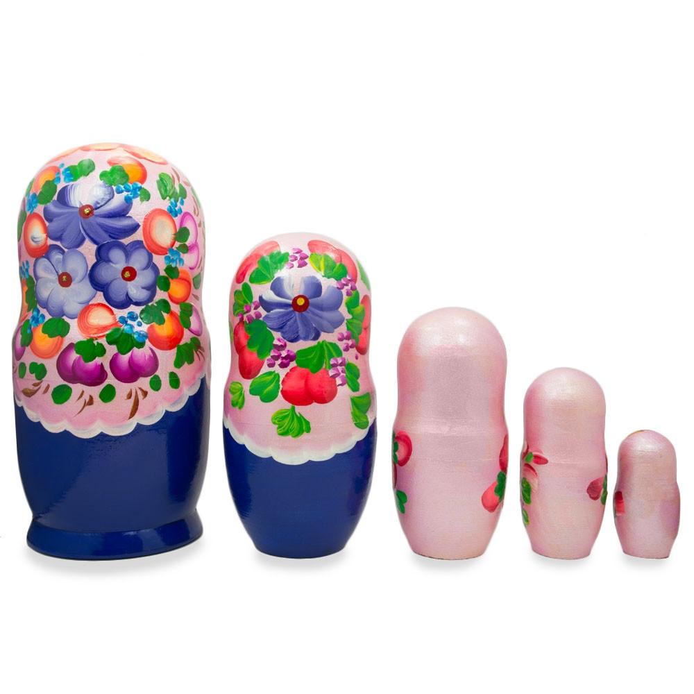 Flowers On Pink Dress Wooden  Nesting Dolls 7.25 Inches