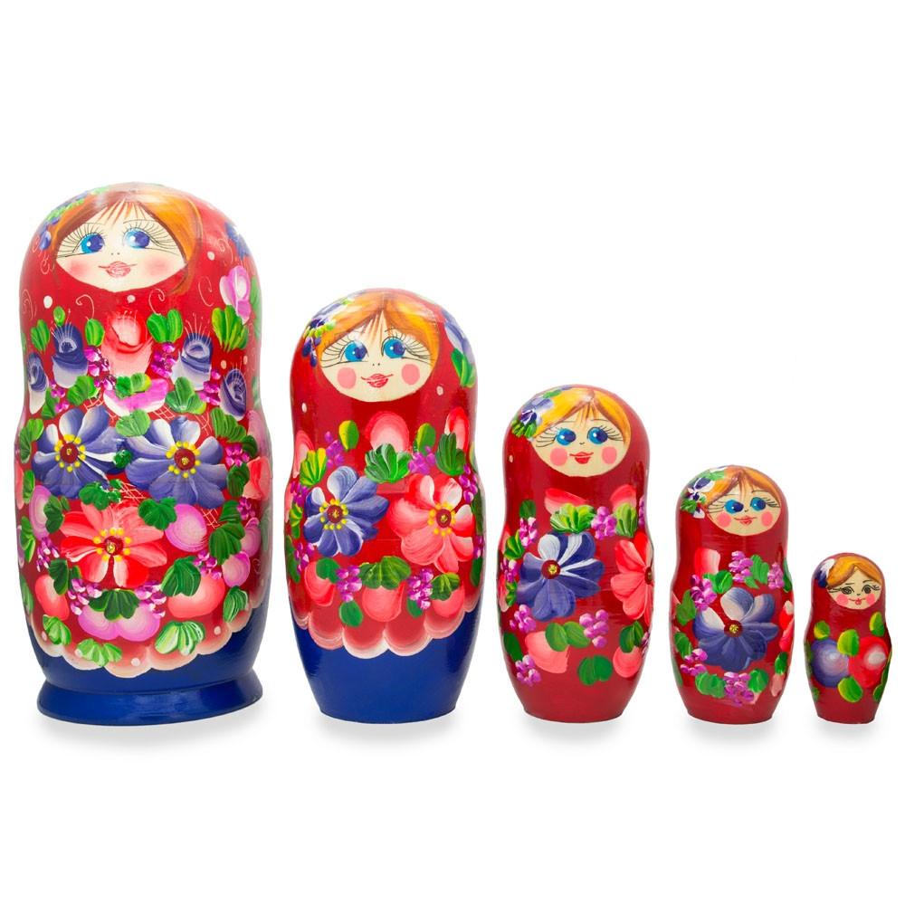 Set Of 5 Flowers On Red Scarf Wooden Nesting Dolls 7.25 Inches