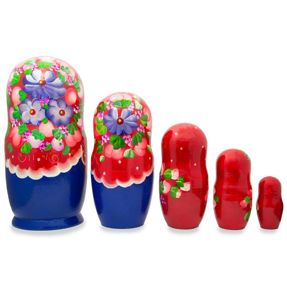 Set Of 5 Flowers On Red Scarf Wooden Nesting Dolls 7.25 Inches