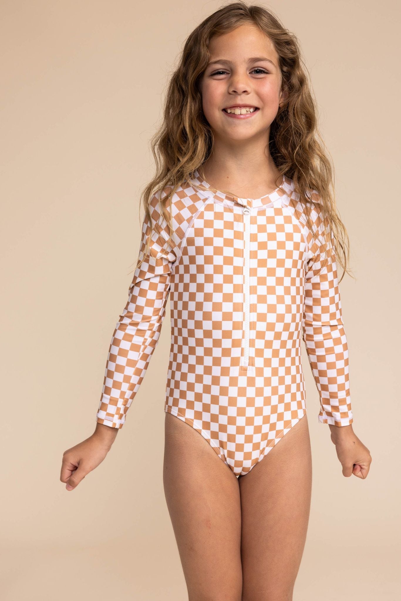 Girl's Zip Up Rashguard | Tan Checkered