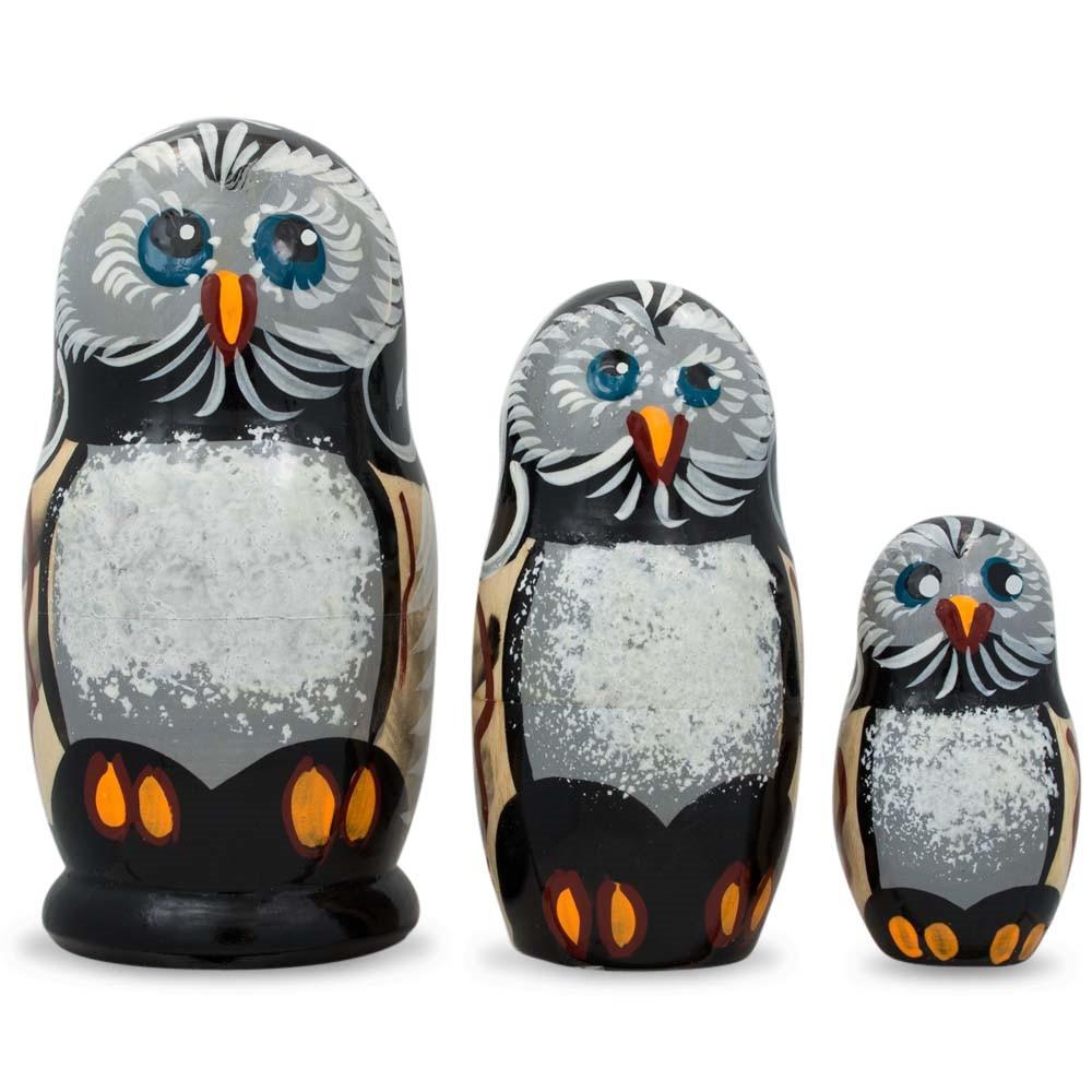 Set Of 3 Owl Family Wooden Nesting Dolls 4.25 Inches