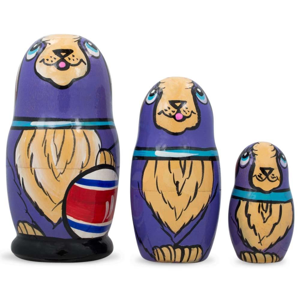 3 Smiling Dog W/bone Collar Wooden Nesting Dolls  4.25 Inches