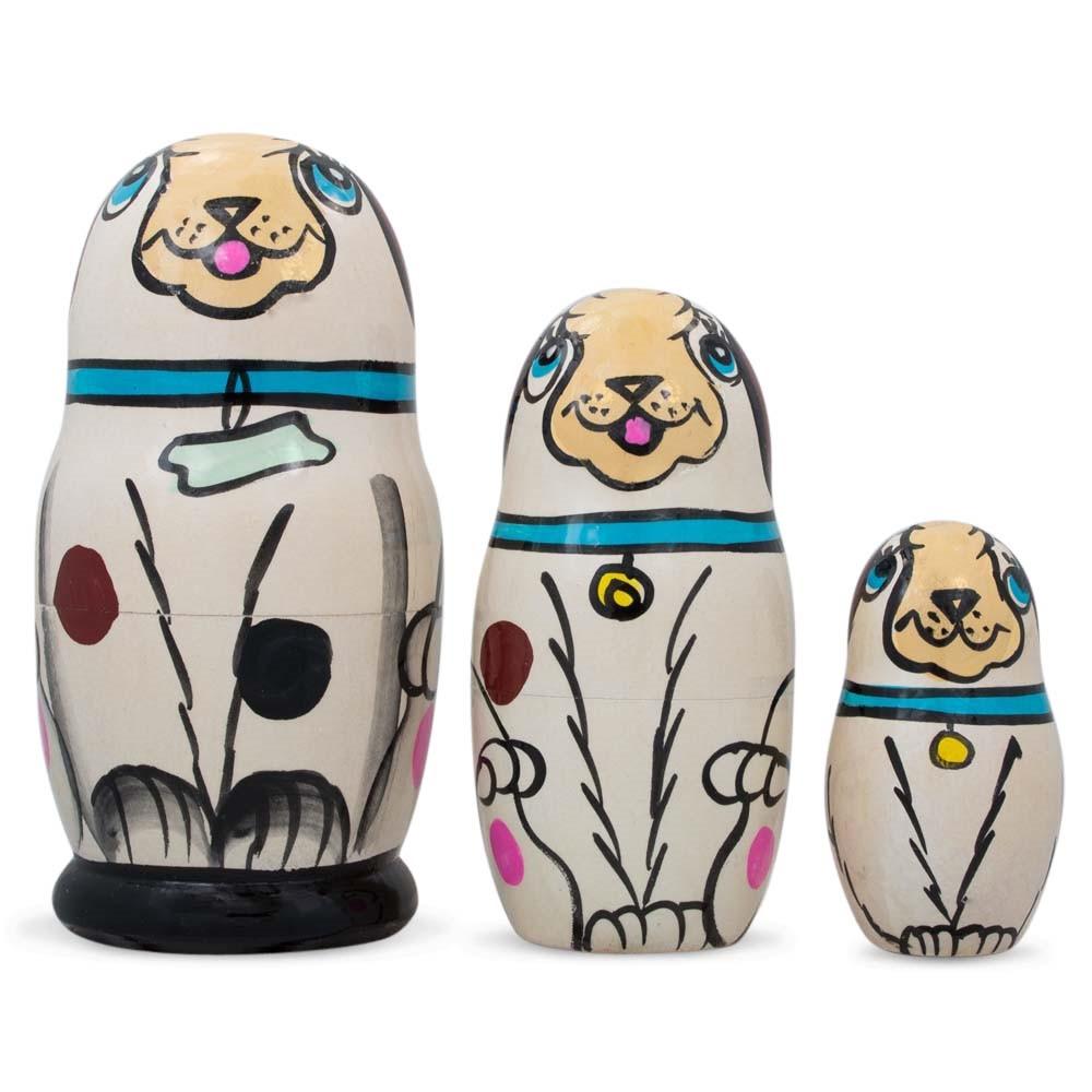 3 White Dog With Bone Collar Wooden Nesting Dolls Matryoshka 4.25 Inches