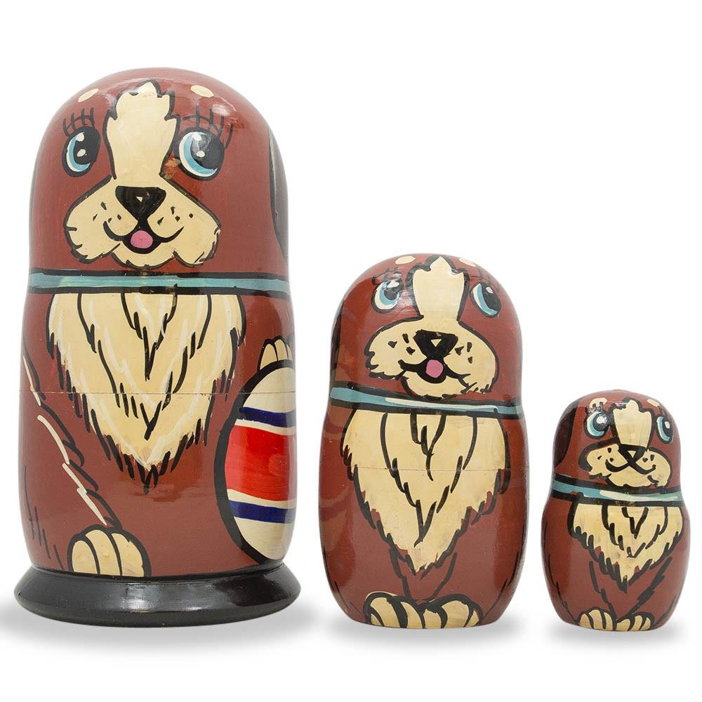 Set Of 3 Brown Dog With Ball Wooden Nesting Dolls 5 Inches