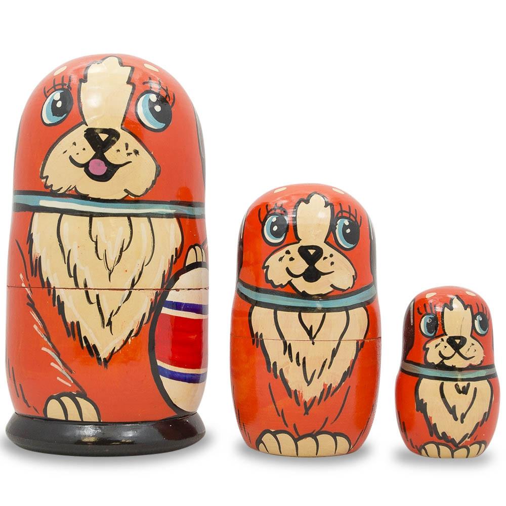 Set Of 3 Dogs With Ball  Wooden Nesting Dolls 5 Inches