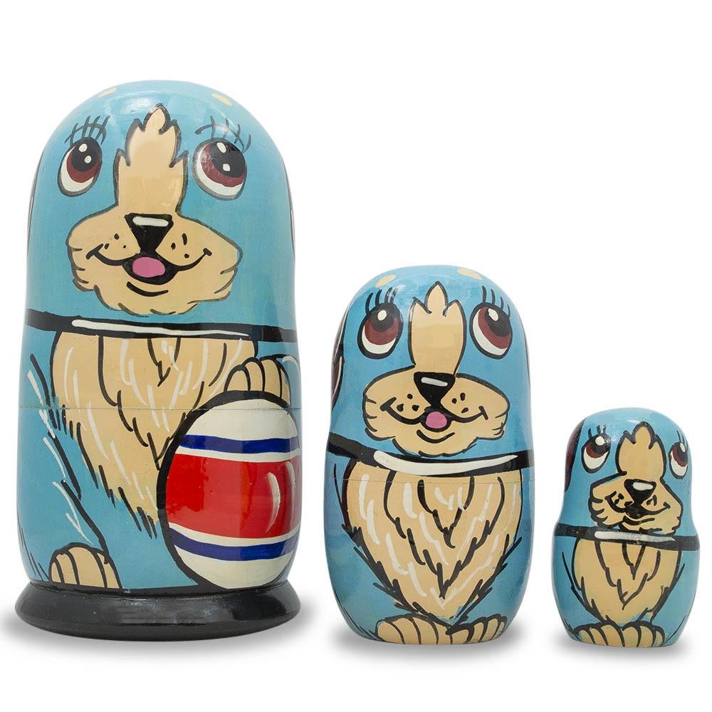 Set Of 3 Dogs With Rubber Ball Wooden Nesting Dolls 5 Inches