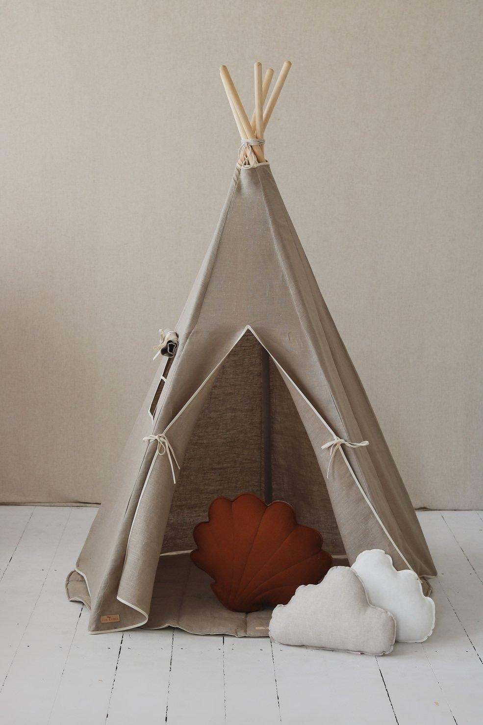 natural Linen Teepee Tent And White And Grey - Leaf Mat Set