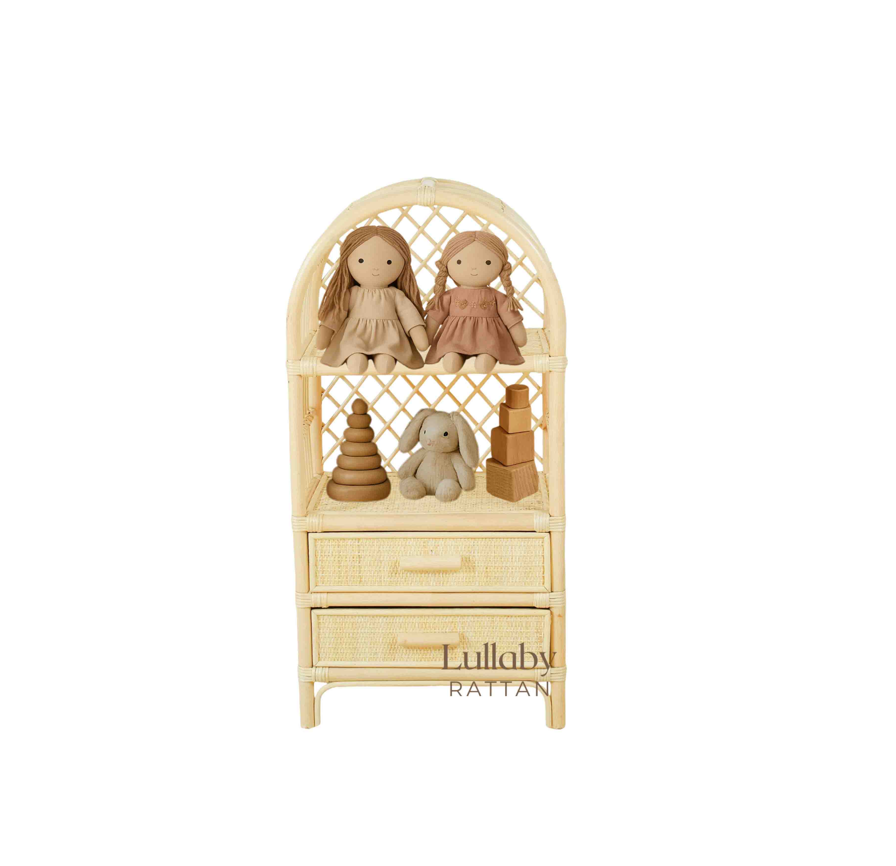 Boho Rattan Kids Bookshelf & Toy Storage | Montessori Doll Shelf – Eco-friendly Nursery & Playroom Furniture