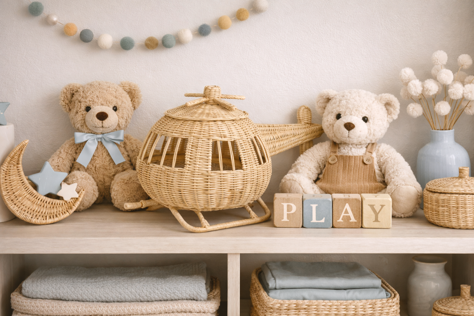 Rattan Toy Helicopter – Handcrafted Boho Pretend Play Toy For Kids | Montessori Airplane Nursery Decor