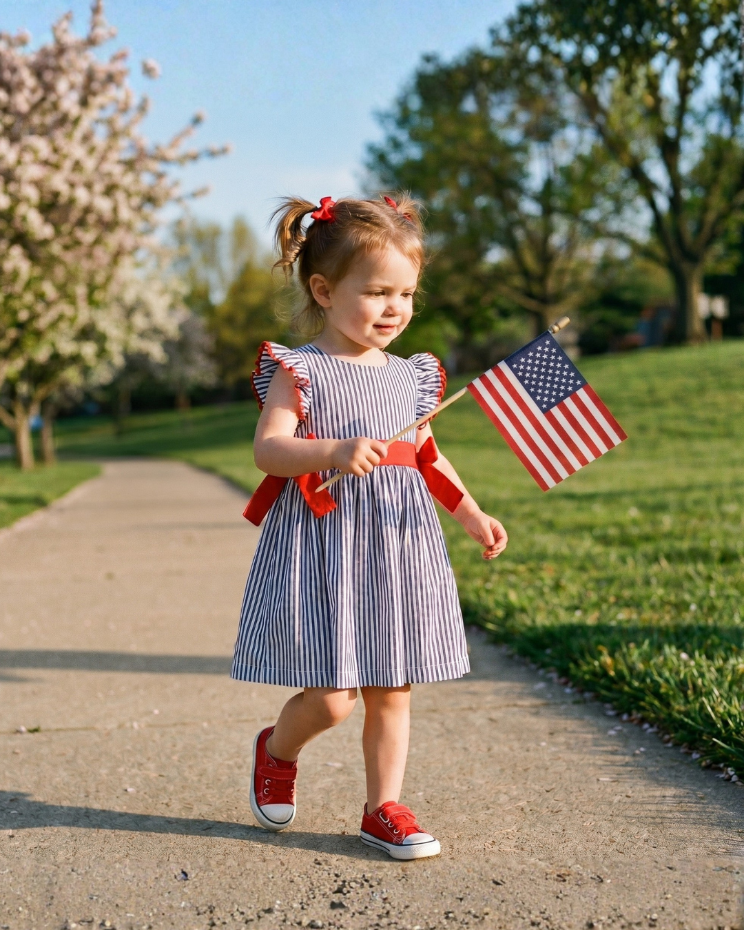Navy Blue Stripe And Red Ruffle Bow Dress