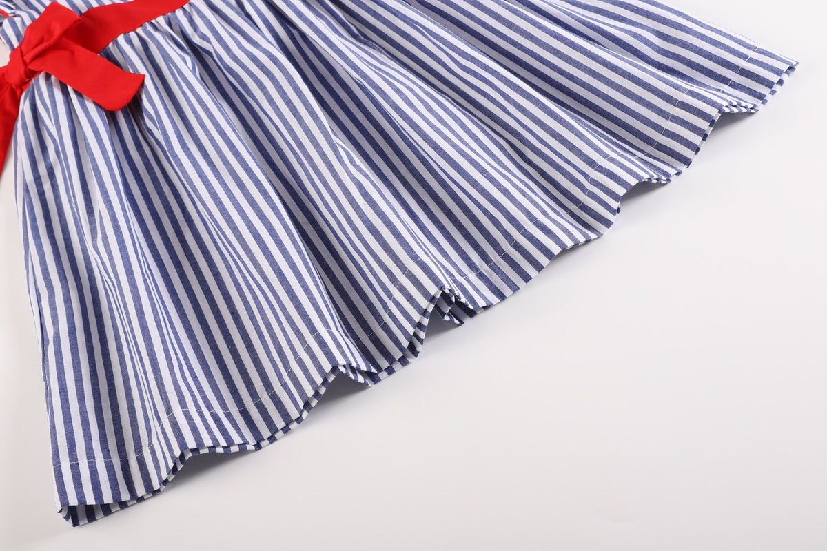 Navy Blue Stripe And Red Ruffle Bow Dress