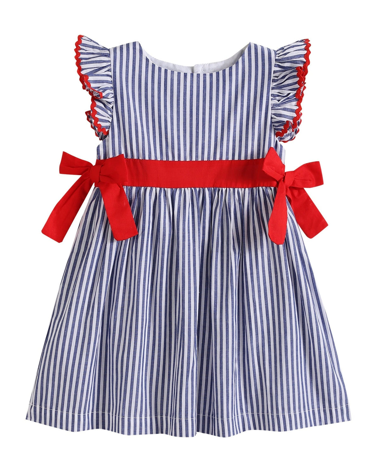 Navy Blue Stripe And Red Ruffle Bow Dress