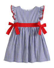 Navy Blue Stripe And Red Ruffle Bow Dress