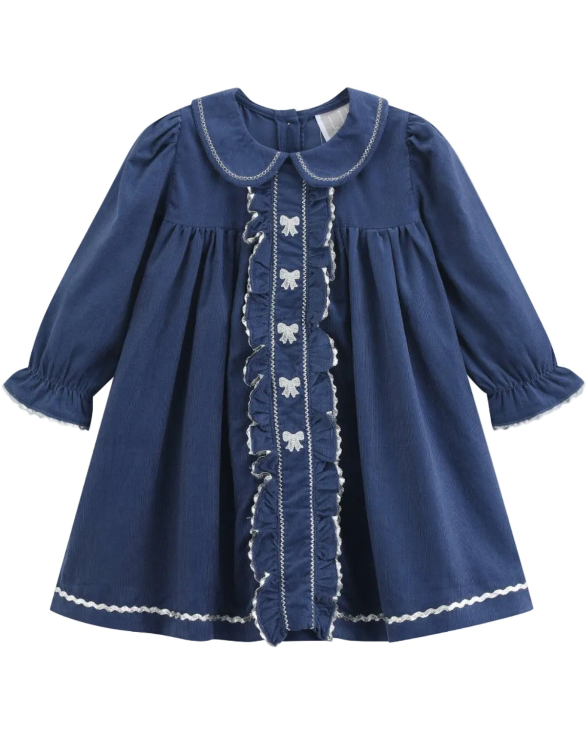 Navy Corduroy Ruffle Dress With Silver Bows