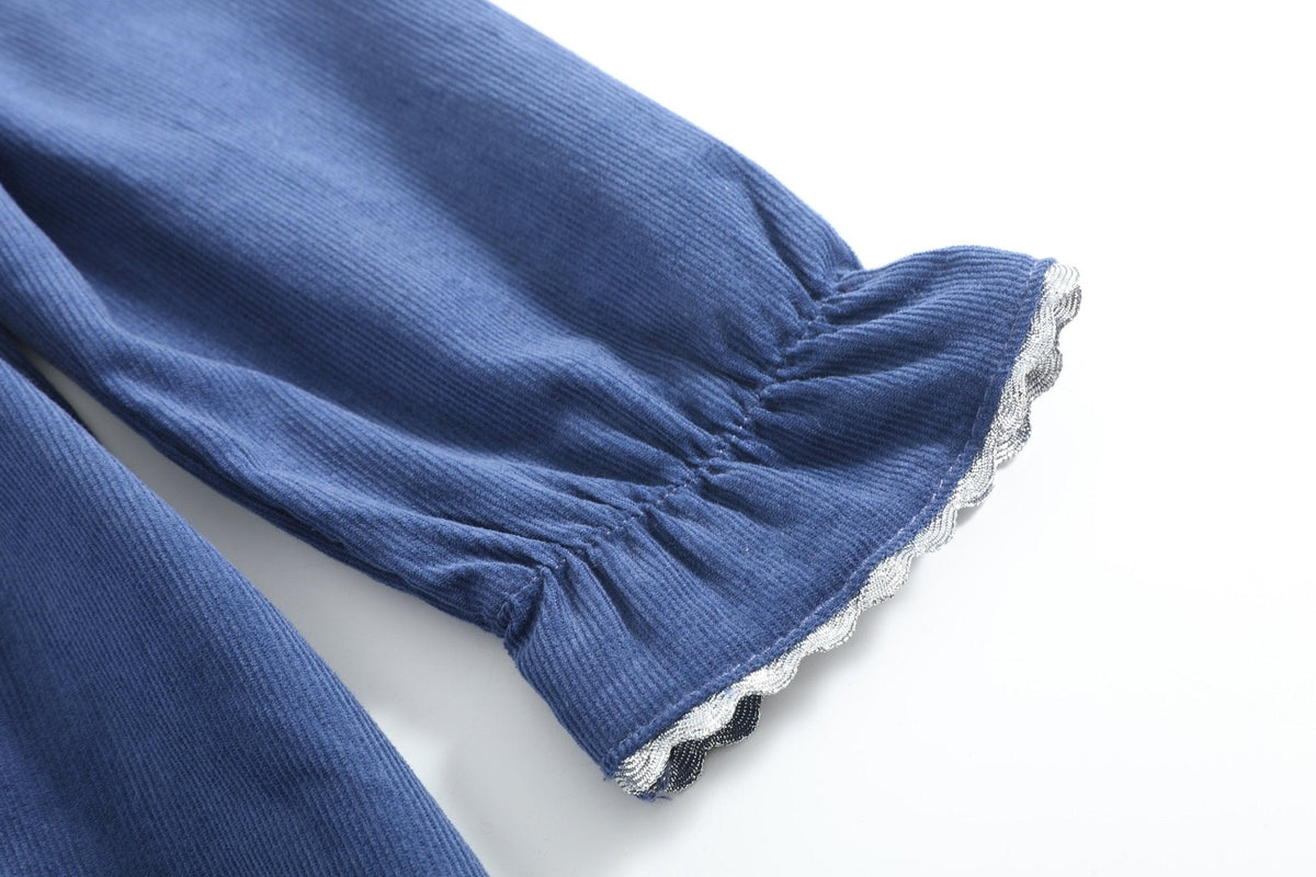 Navy Corduroy Ruffle Dress With Silver Bows