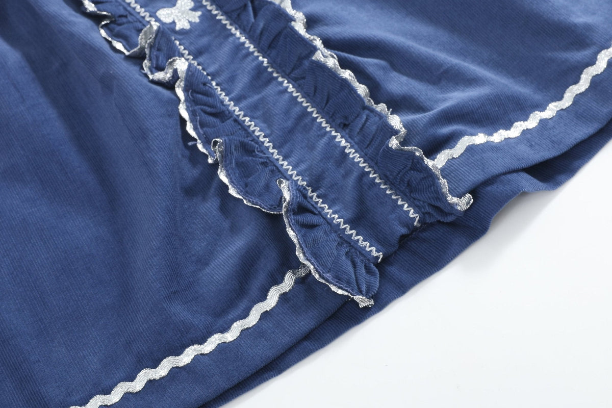 Navy Corduroy Ruffle Dress With Silver Bows