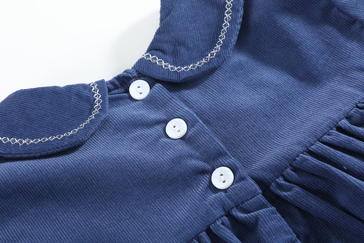 Navy Corduroy Ruffle Dress With Silver Bows