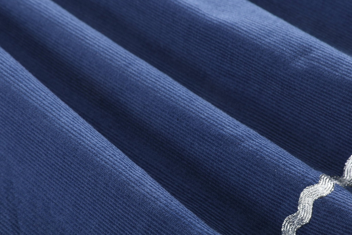 Navy Corduroy Ruffle Dress With Silver Bows