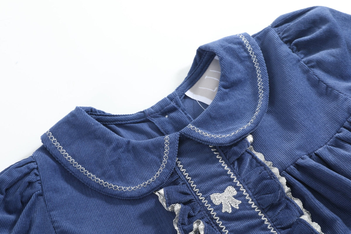 Navy Corduroy Ruffle Dress With Silver Bows