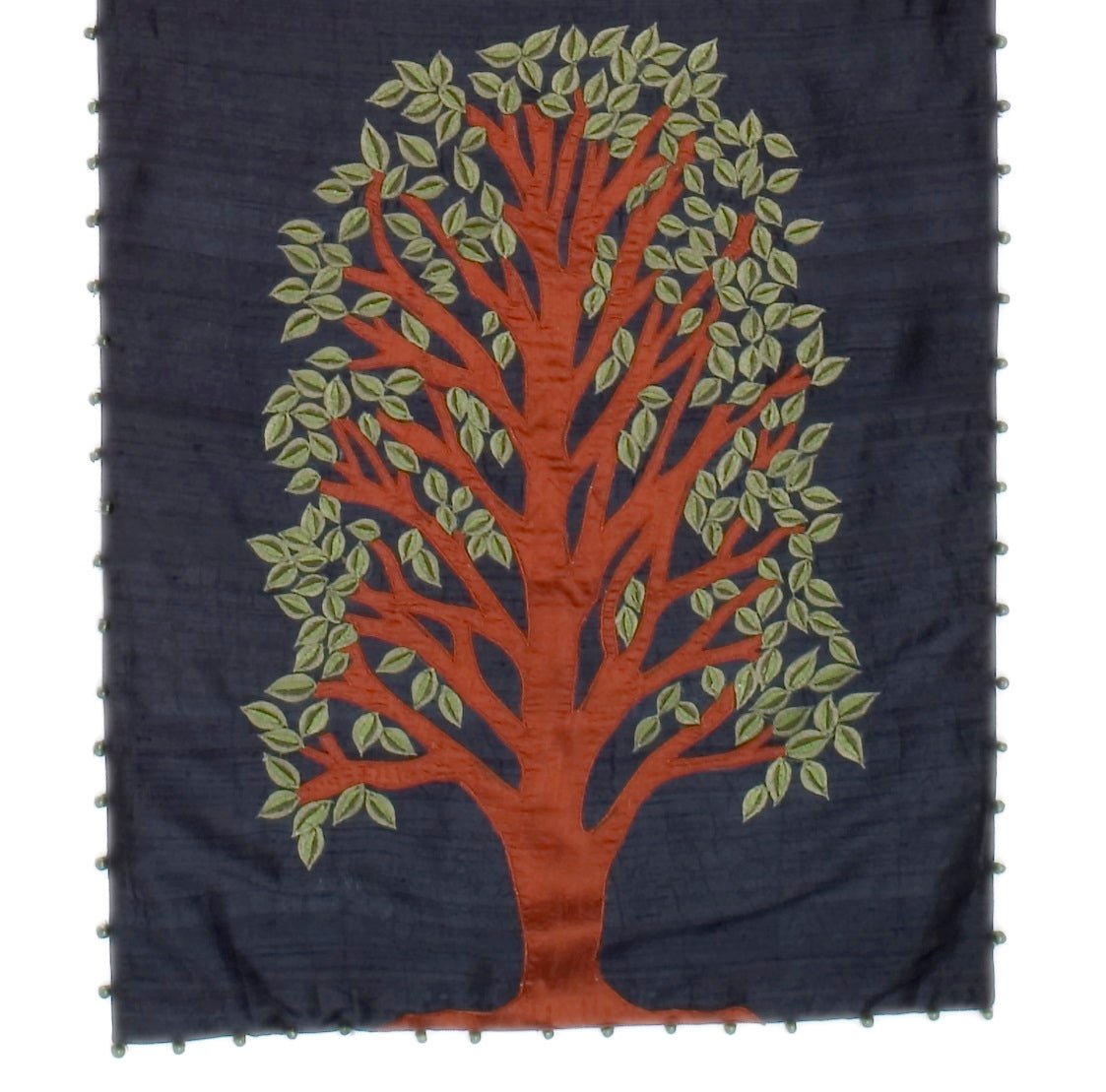 Handmade Navy Silk Table Runner Tree Of Life Embroidery And Hand Beading - 18x72"