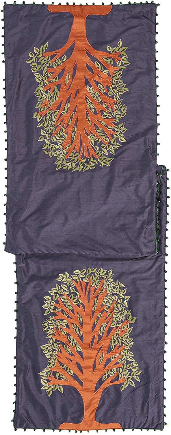 Handmade Navy Silk Table Runner Tree Of Life Embroidery And Hand Beading - 18x72"