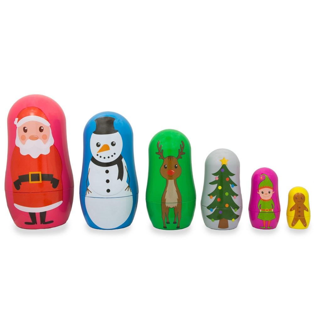 6 Plastic Nesting Dolls - Santa, Snowman, Reindeer, Tree, Elf & Gingerbread