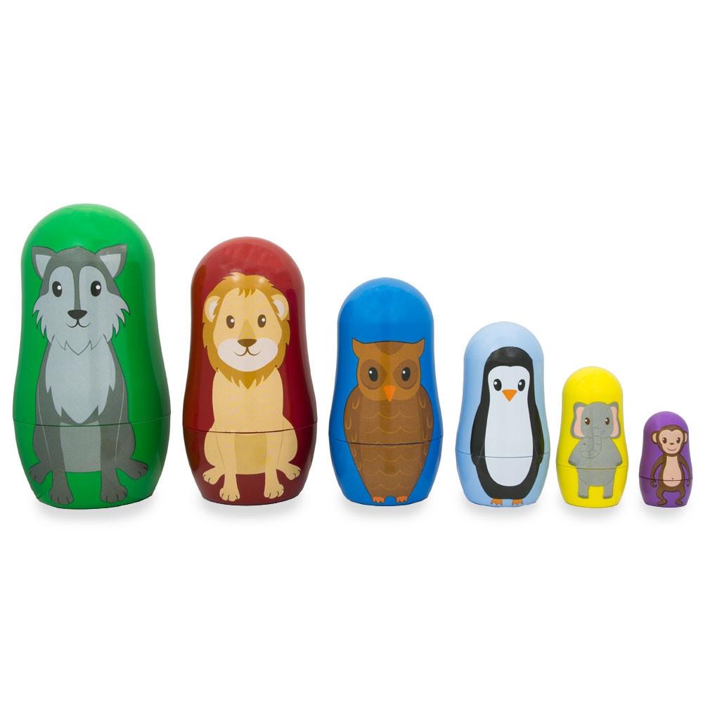 Set Of 6 Wolf, Lion, Owl, Penguin Wild Animals Plastic Nesting Dolls 4.5 Inches