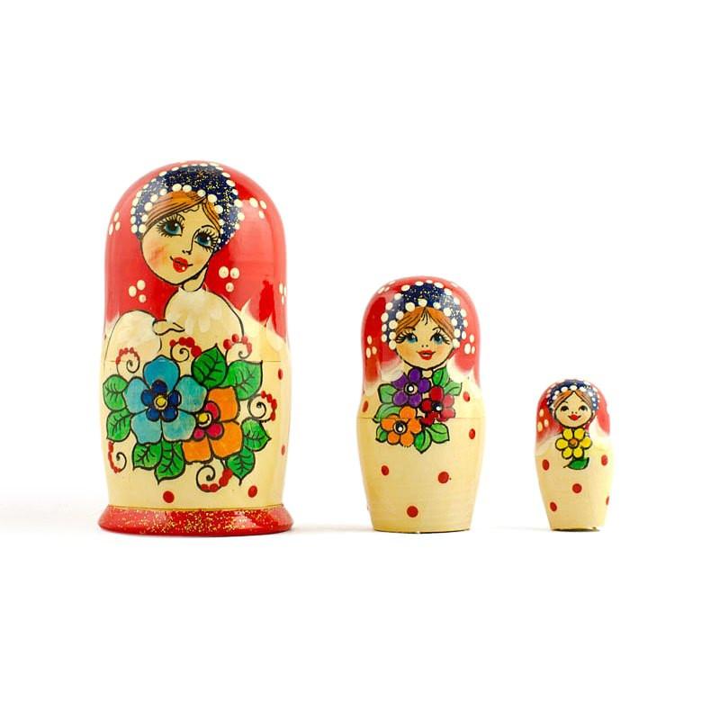 Set Of 3 Flower Dress Girls Wooden Nesting Dolls Matryoshka 3.5 Inches