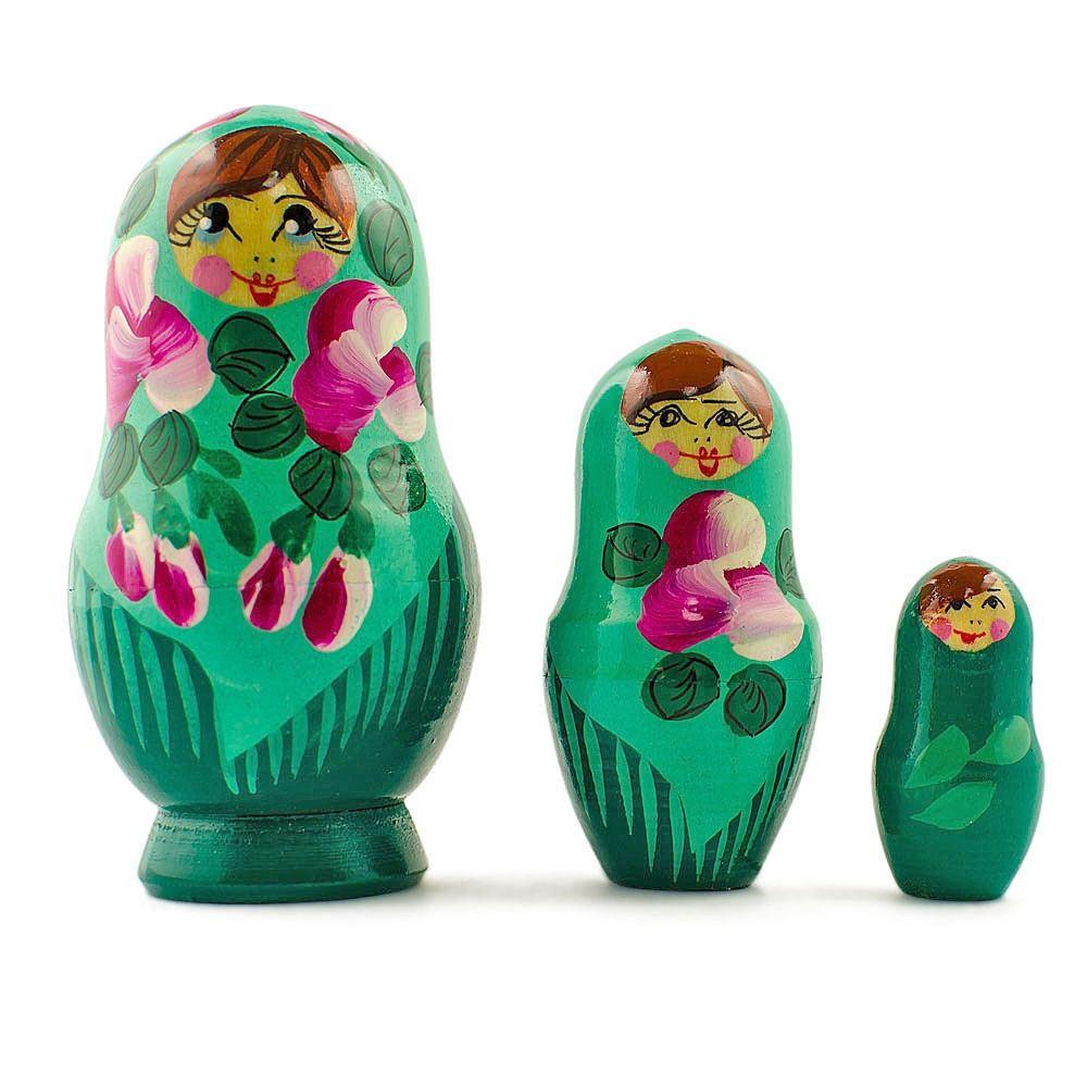 Set Of 3 Deep Green Dress Wooden  Nesting Dolls 3.5 Inches