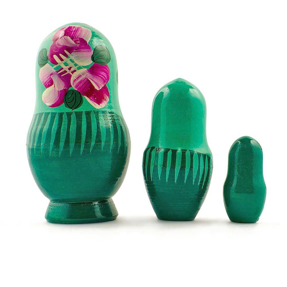 Set Of 3 Deep Green Dress Wooden  Nesting Dolls 3.5 Inches