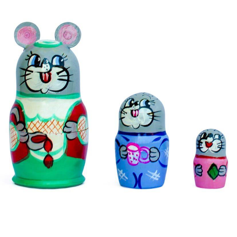 Set Of 3 Mouse Wooden Nesting Dolls 3.5 Inches