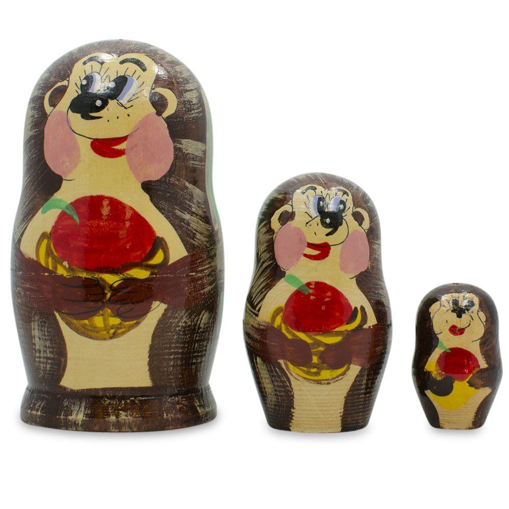 Set Of 3 Hedgehogs With Apples Wooden Nesting Dolls 4 Inches