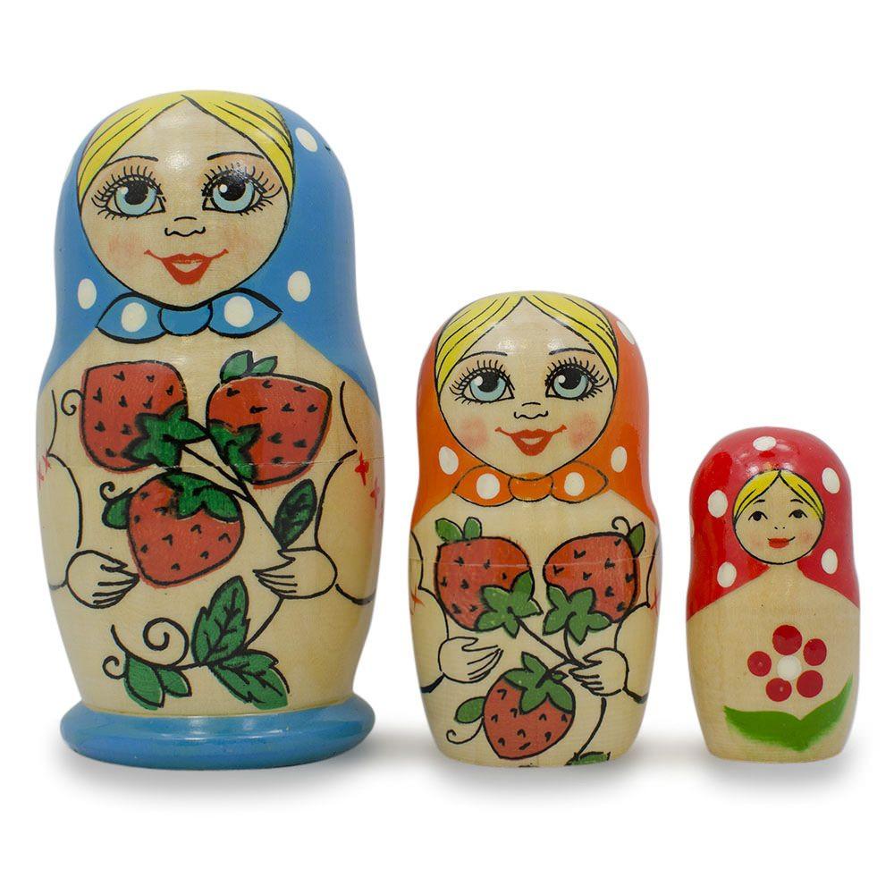 Set Of 3 Strawberries Blue, Orange And Red Nesting Dolls  4 Inches