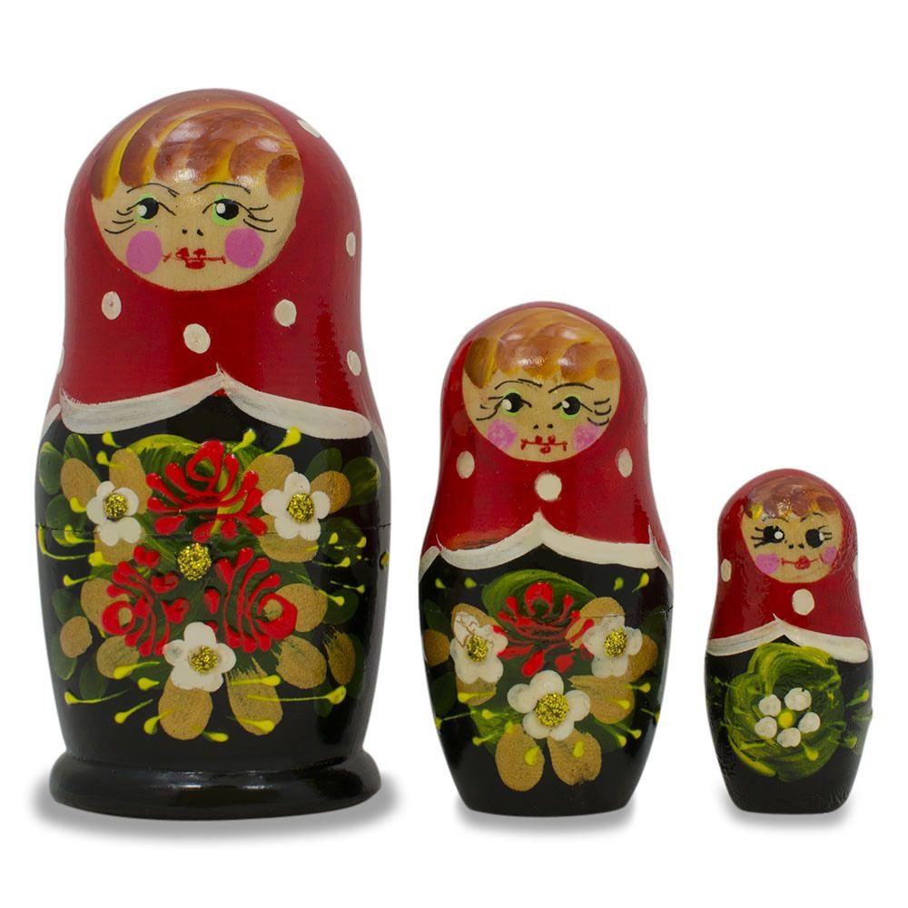 Set Of 3 Red And Black Dress Nesting Dolls 3.5 Inches