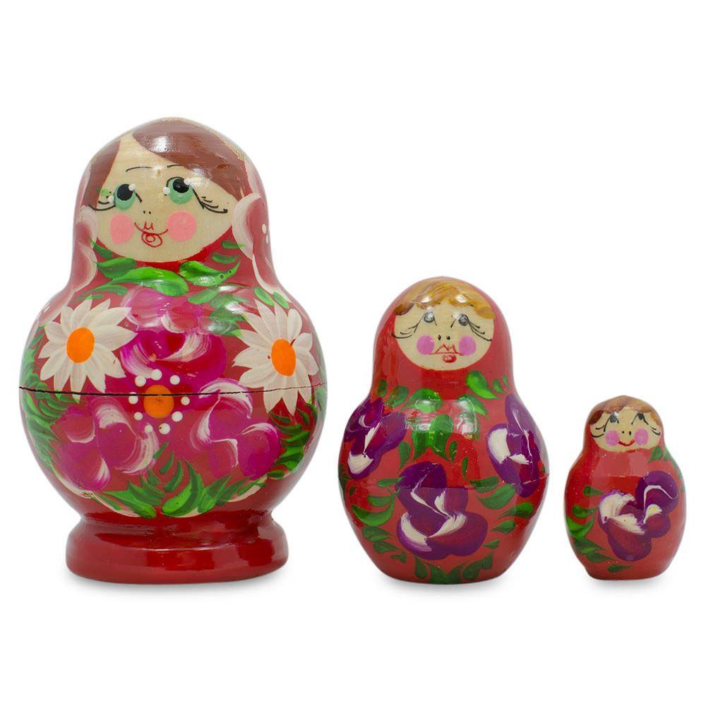 Set Of 3 Floral Red Miniature  Nesting Dolls 3.5 Inches