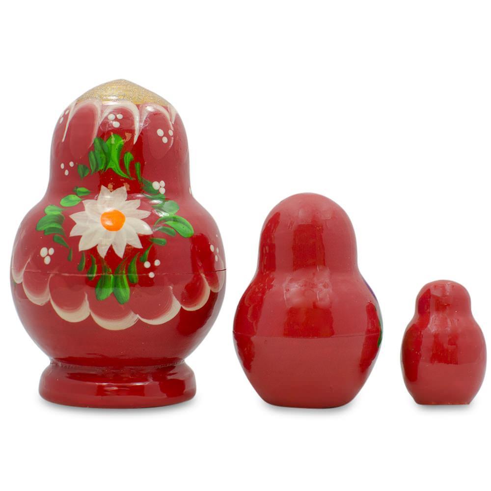 Set Of 3 Floral Red Miniature  Nesting Dolls 3.5 Inches