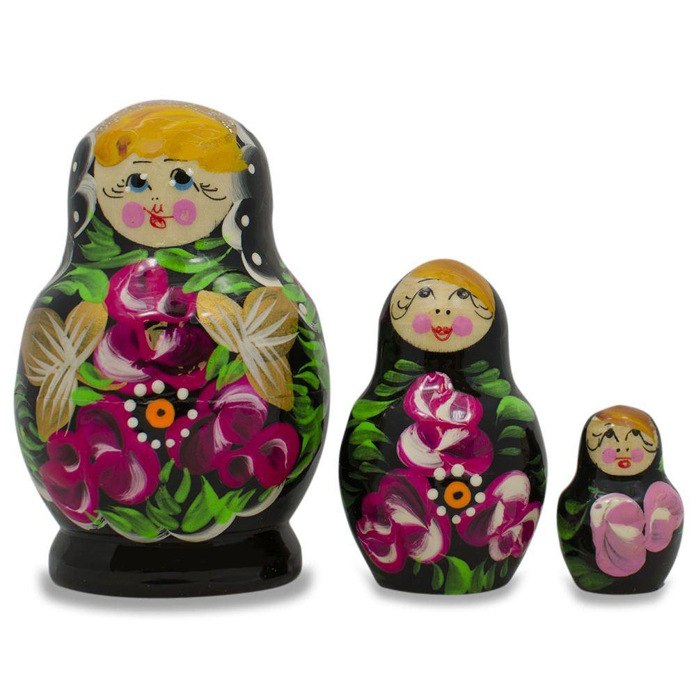 Set Of 3 Floral On Black Dress  Dolls 3.5 Inches