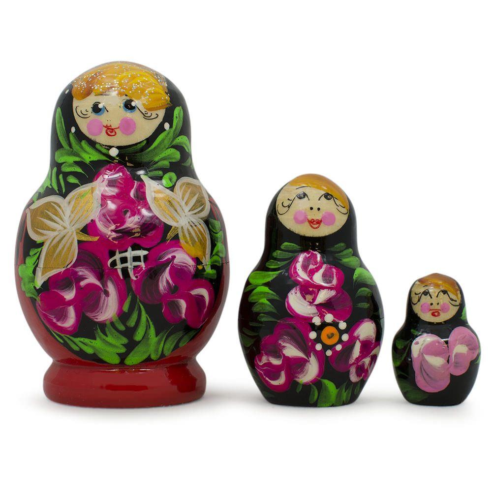 Set Of Flowers On Black And Red Dress Nesting Dolls 3.5 Inches