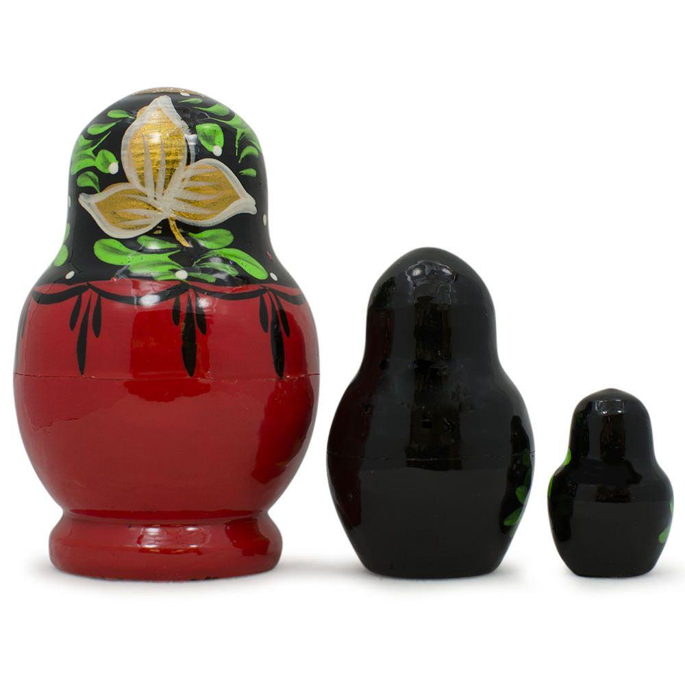 Set Of Flowers On Black And Red Dress Nesting Dolls 3.5 Inches