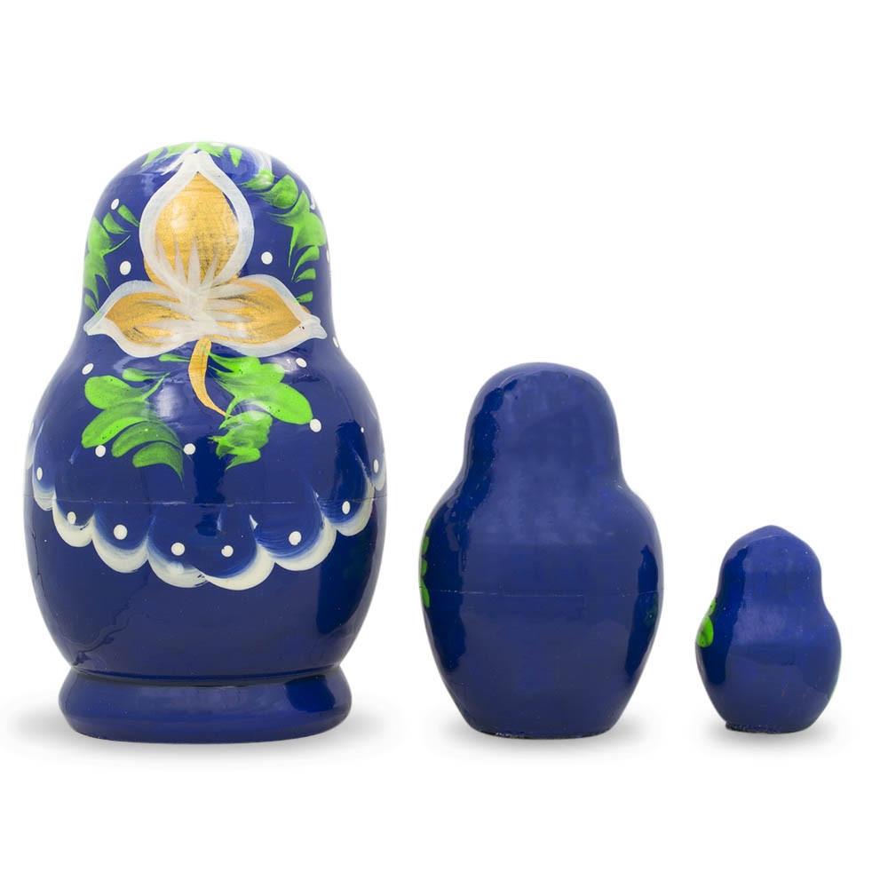 Set Of Flowers On Blue Dress Nesting Dolls 3.5 Inches