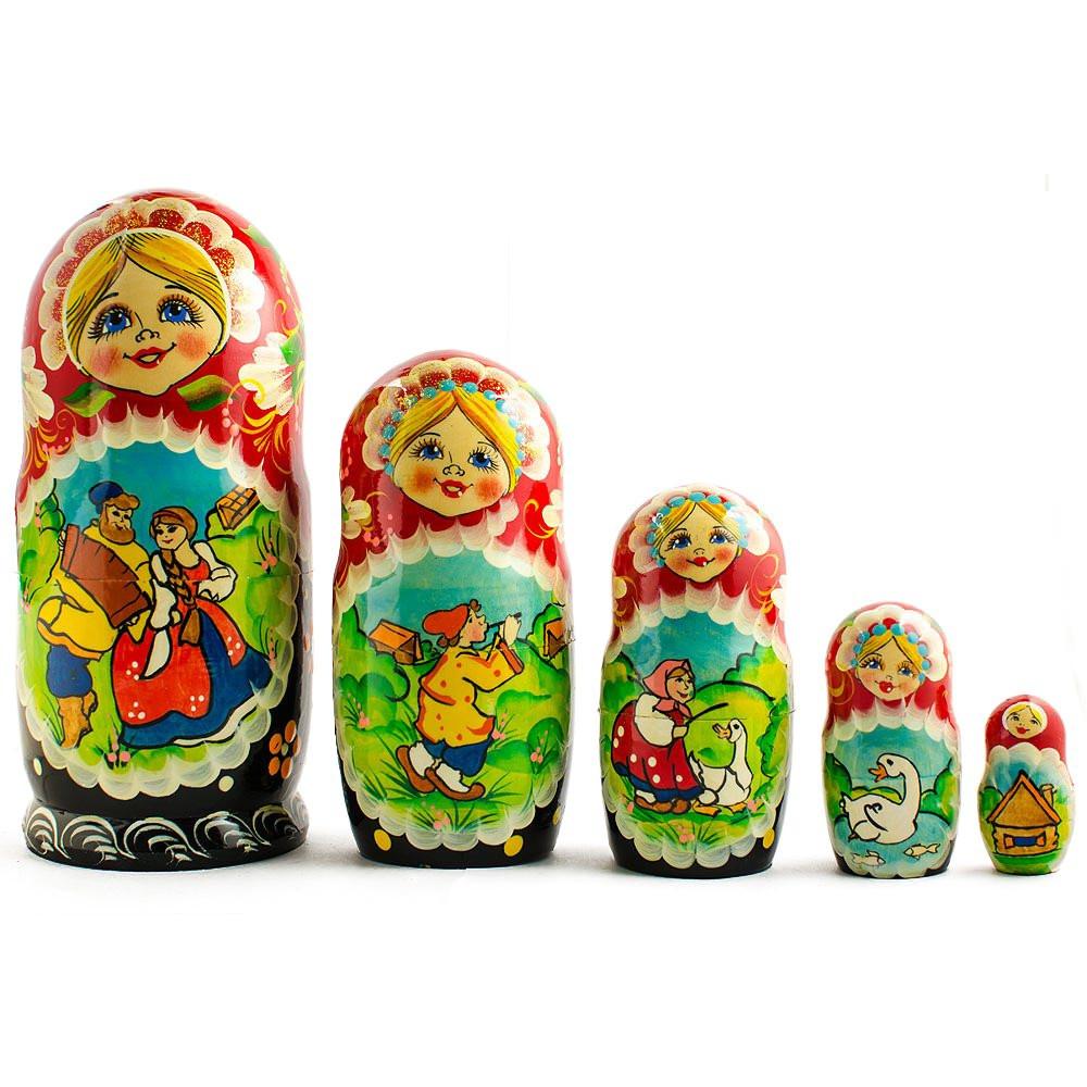 Set Of 5 Summer In The Village Wooden Nesting Dolls 6.5 Inches