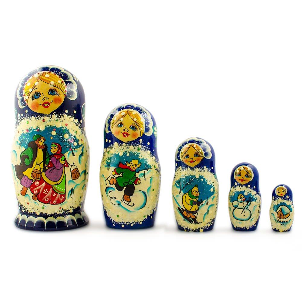 Set Of 5 Family Christmas Celebration Wooden Nesting Dolls 6.5 Inches